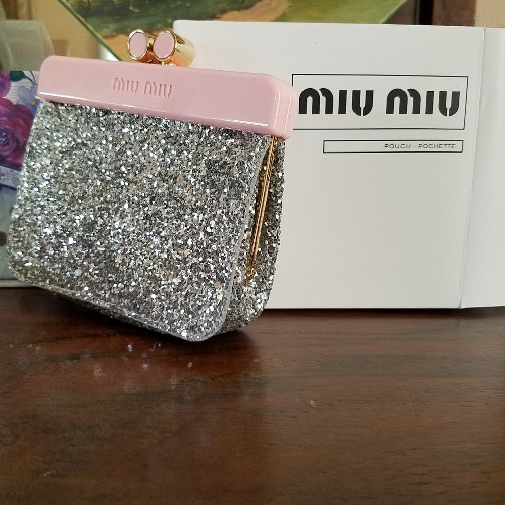 Miu Miu Silver Glitter Cosmetic Pouch with Pink Trim